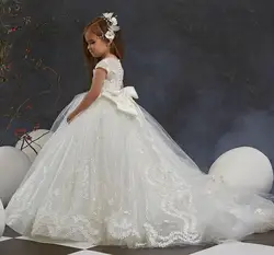 Ivory White Flower Girls Dresses For Wedding Sheer Neck Kid First Communion Dress Princess New Celebration Gown