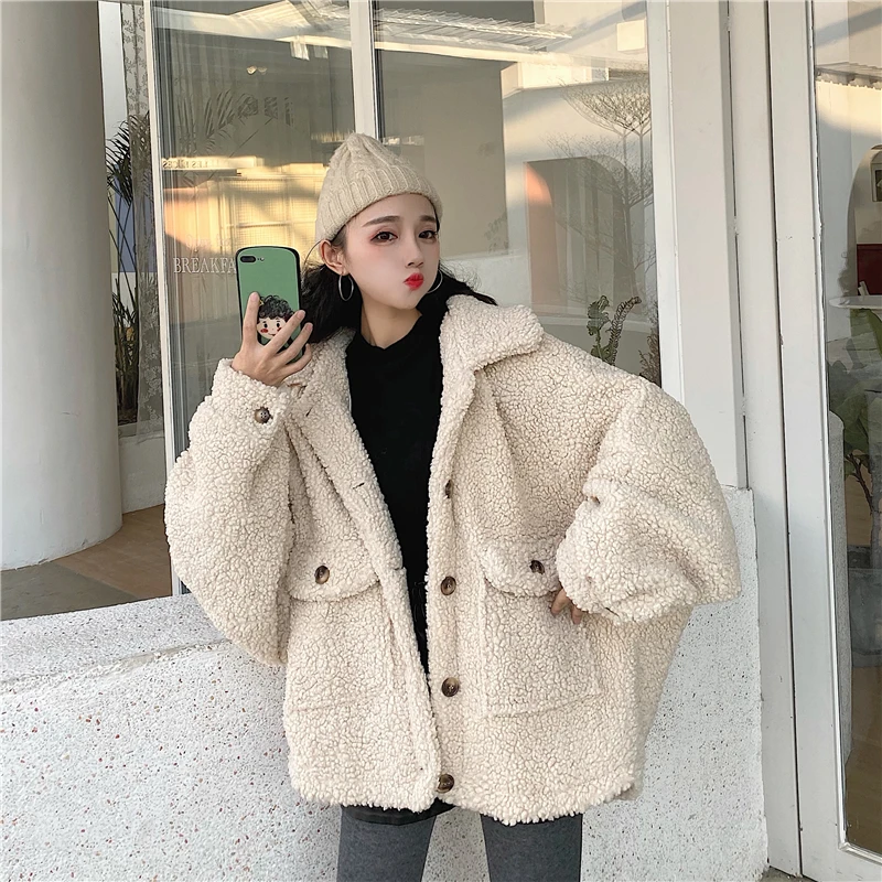 Новинка, Harajuku bf куртка, Женское пальто из овечьей шерсти, свободная Корейская хлопковая одежда, осенне-зимние пальто, верхняя одежда с длинными рукавами, g441