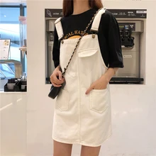 Women strap dressSolid Color Simple Pocket Denim Skirt Loose Strap Denim Skirt College Style Slim Strap Denim Skirt