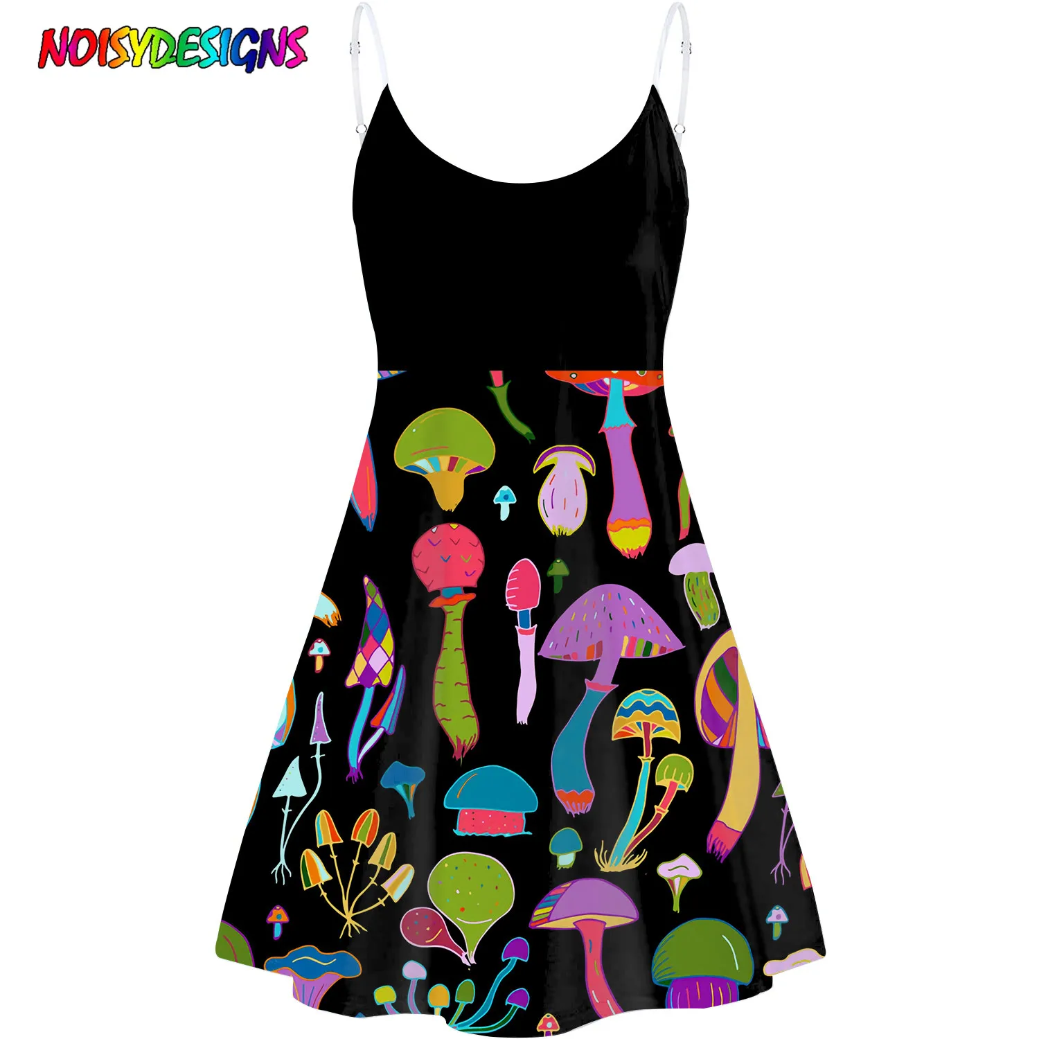 

NOISYDESIGNS Mushrooms Prints Mini Dress Women Spaghetti Strap Summer Teenage Girl Style Dress Lady Casual Vacation Dress Black