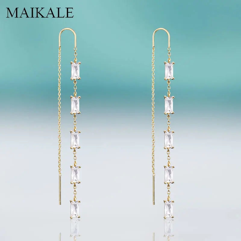 

MEKALE New Fashion Long Earrings with Square Cubic Zirconia Copper Chain Drop Dangle Earrings for Women Wedding Party Jewelry