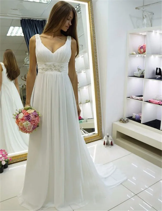 Свадебное платье Vestido De Noiva, сексуальное, v-образный вырез, дешевые пляжные белый шифоновый халат, украшенный бисером свадебное вечернее платье платья для матери невесты