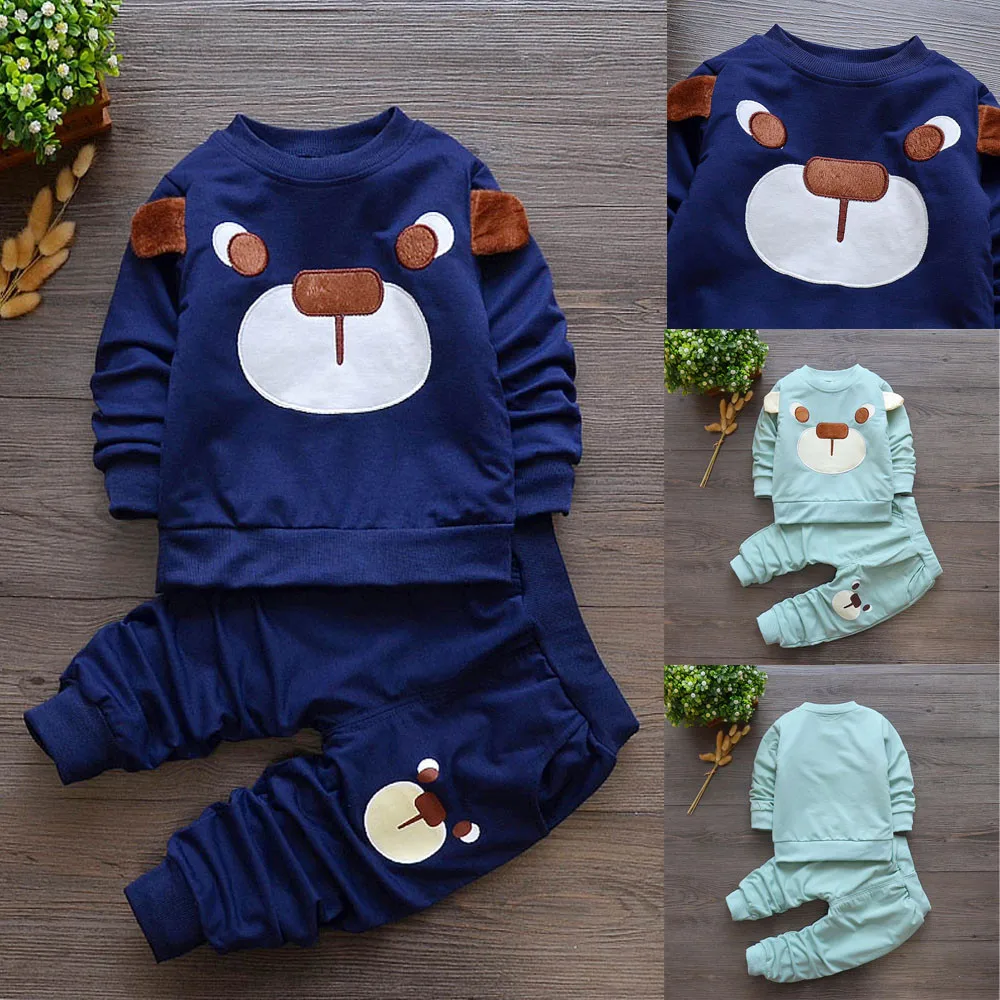 Fashion baby girl clothes baby sets cotton o-neck Infant Toddler Baby Girls Cartoon Bear Pullover Tops Pants Outfits Set H4