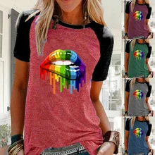Womens Fashion Casual Summer Colorful Lip Printed O-Neck Short Sleeve Tees Girls Tops