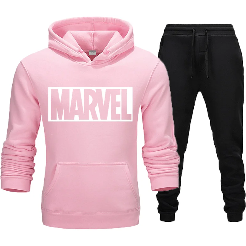 Простой модный мужской костюм с принтом Marvel, спортивный костюм, мужская спортивная одежда, флисовый плотный спортивный костюм с капюшоном и штанами, Азиатский размер
