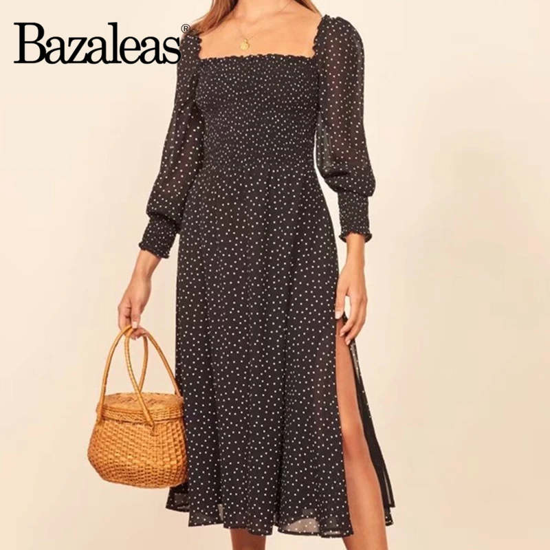 Bazaleas Франция эластичный бюст vestido Vintagel Сплит женское платье модное с длинным рукавом в горошек Черное женское платье миди повседневное