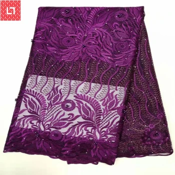 

Fashion purple African lace fabric high quality flower embroidery with sequins french tulle net mesh lace for wedding dress