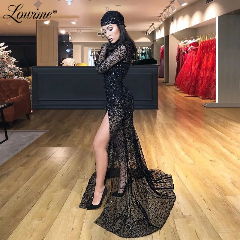 

Black Beaded Muslim Evening Dresses Saudi Arabic Prom Party Dress 2019 Custom Made Mermaid Robe De Soire