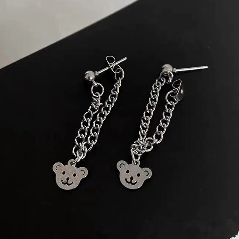 Hip Hop Punk Style Chain Long Tassel Earrings Cute Bear Drop Earrings For Women Earrings Chain Jewelry Party Decor Accessories