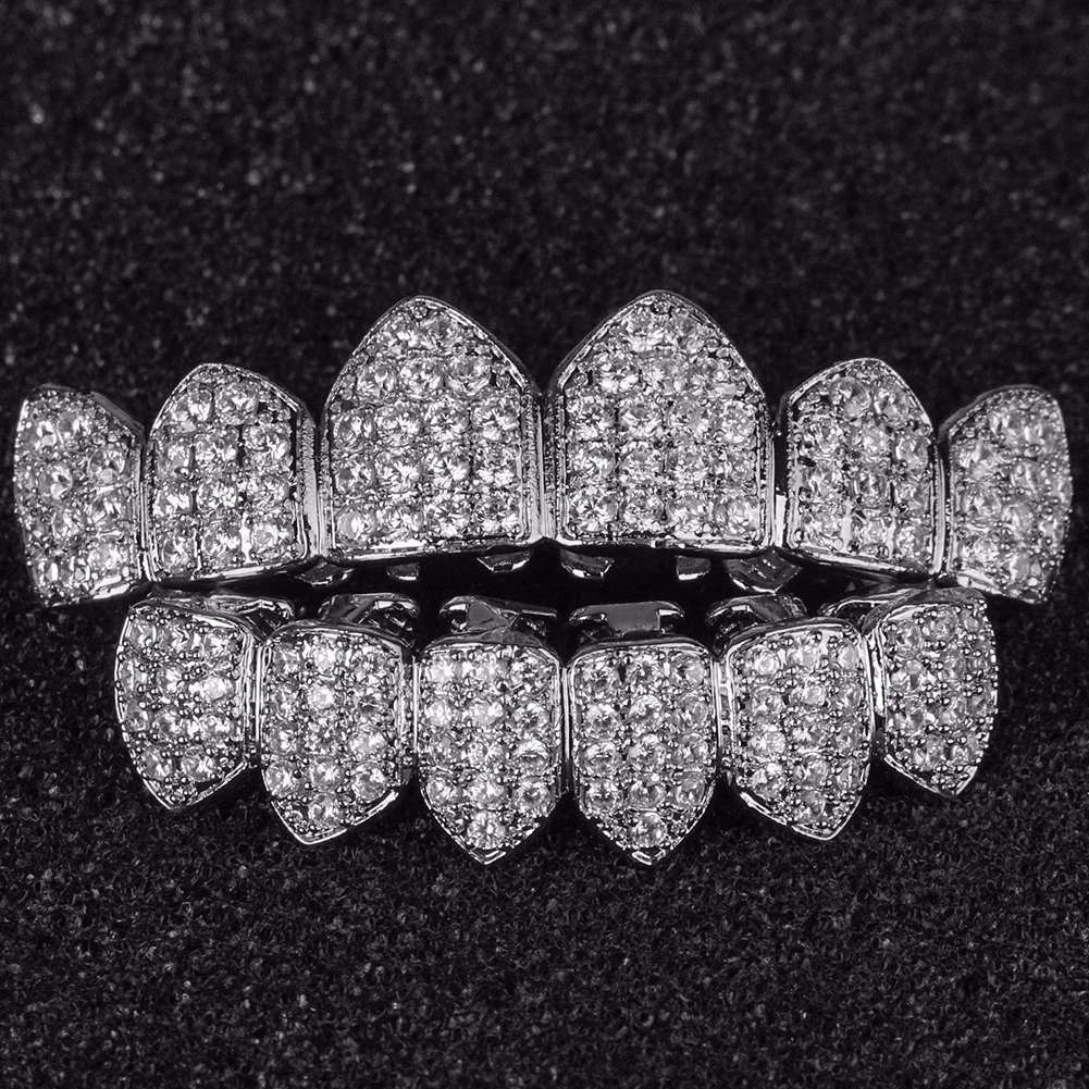 

1 Set Plated Gift Rhinestone Party Decoration Classic Open Face Metal Teeth Top Bottom Mouth Caps