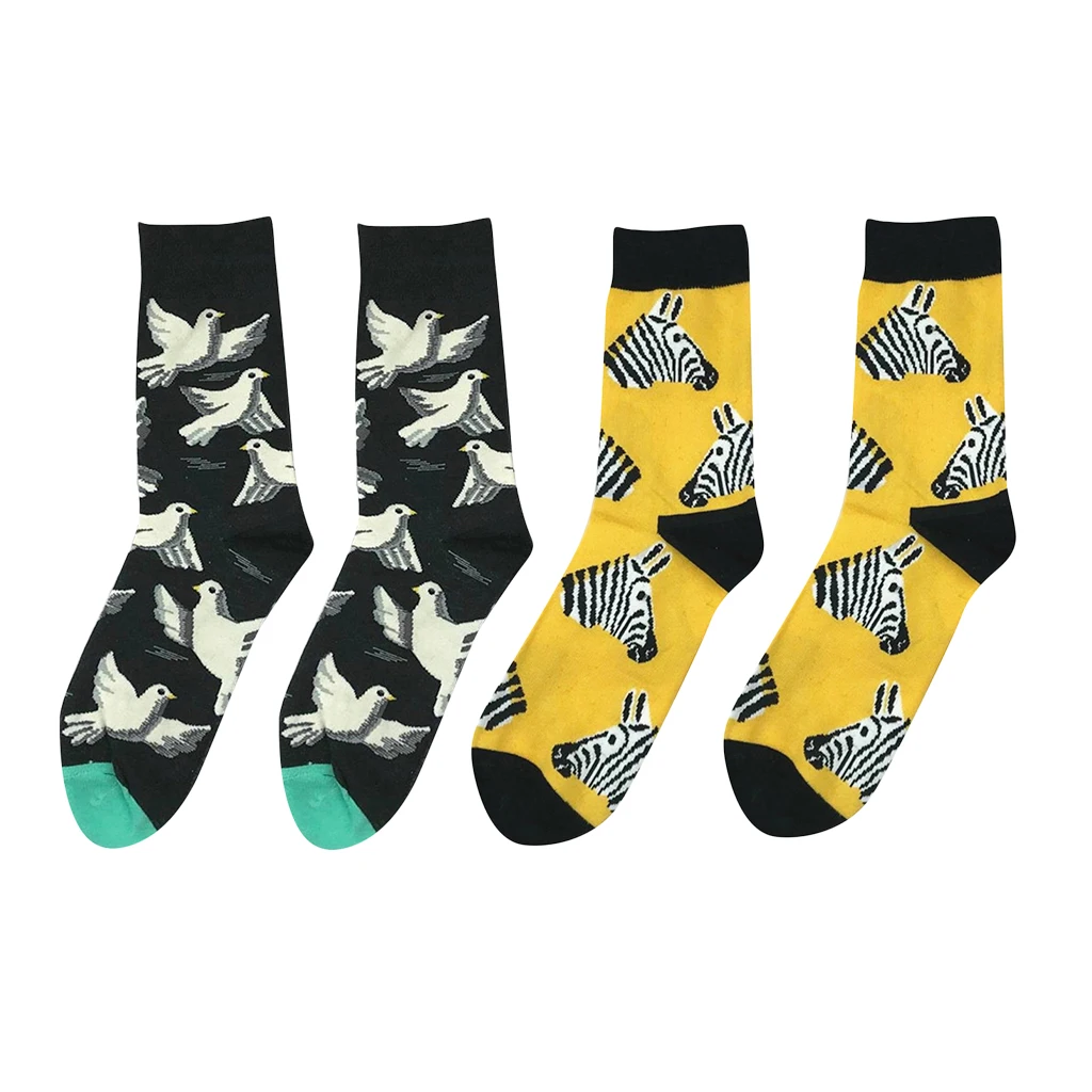 Novelty 2 Pairs Men Casual Cotton Stockings  Zebra Bird Pattern Universe Film Stockings Knight Spring Autumn winter Funny Socks 
