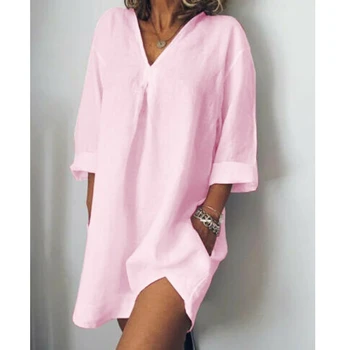

2019 Women Loose Dresses Cotton Solid Colors Linen Casual Blouse V Neck Long Sleeve Dress Shirts Cover-ups