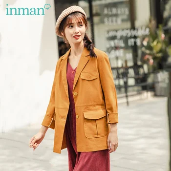 

INMAN 2020 Spring New Arrival Literary Retro Lapel Single Breasted Loose Long Women Suit
