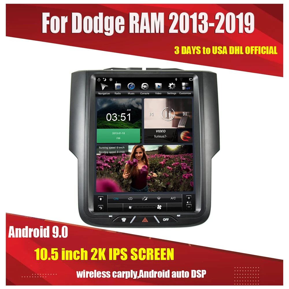 Aucar Tesla Style PX6 Android 9 for Dodge RAM 1500 2500 3500 Multimidia