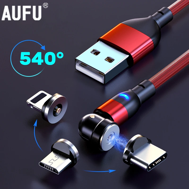 AUFU 540 Degrees Rotating Magnetic Cable Micro USB Type C Phone For iPhone11 Pro XS Max Samsung Xiaomi Cord Wire | Мобильные