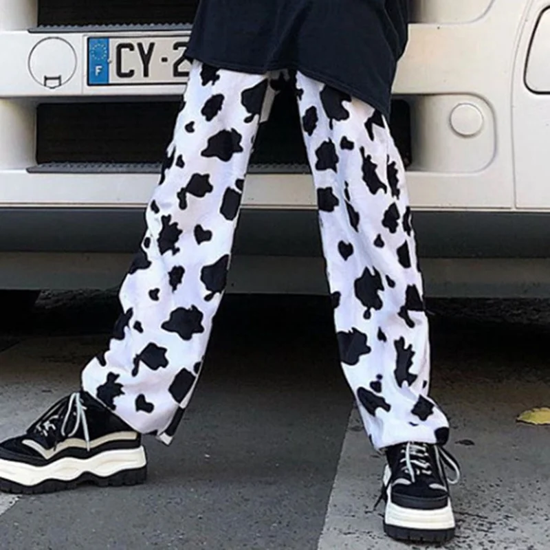 

Casual Pants Elastic High Waist Milk Cow Print Pants Women Summer Straight Loose Fashion Trousers Femme Pants