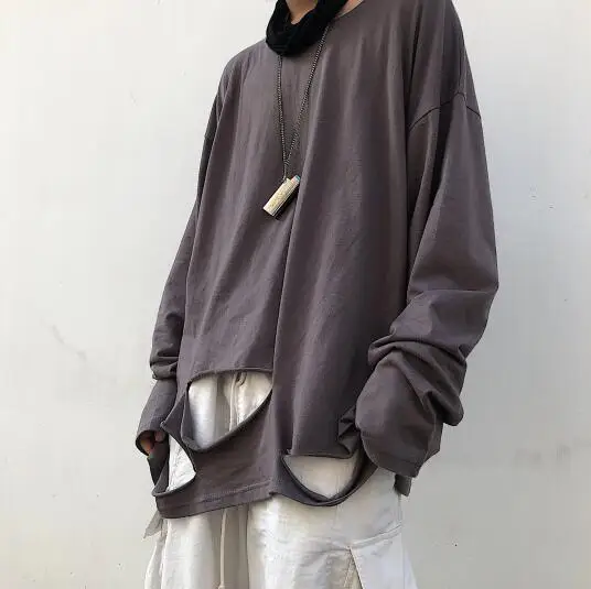 Осенняя панк хип хоп футболка с длинным рукавом с большими отверстиями для мужчин и женщин негабаритная винтажная уличная одежда harajuku ретро футболки топы - Цвет: DIY holes gray