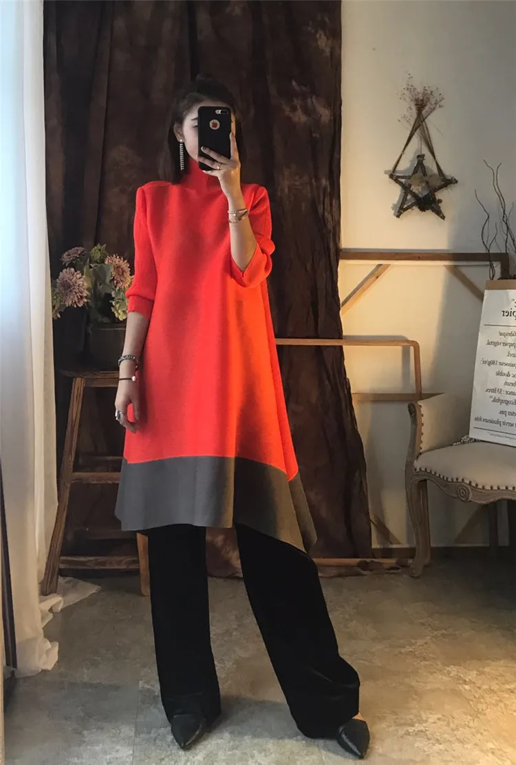 Pleated new early autumn Korean large women's temperament 7-sleeve A-line dress women's medium length