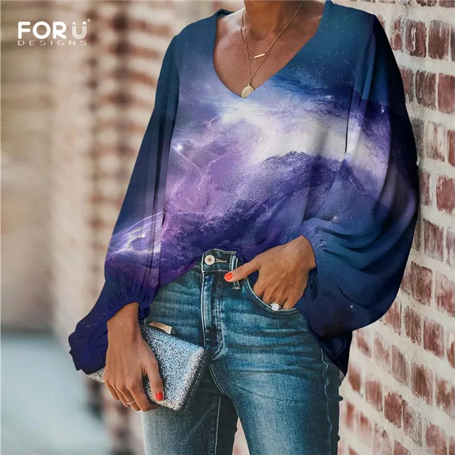 FORUDESIGNS/Женские блузки с космическим принтом, блузка с длинным рукавом, свободная туника, рубашки с v-образным вырезом, женская шифоновая блузка, сексуальные топы - Цвет: HMP546B2