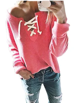

Women Knit Sweaters 2020 Autumn Female Long Sleeve Pullovers Sexy V Neck Off Shoulder Lace Up Solid Sweater Ladies Loosse Tops