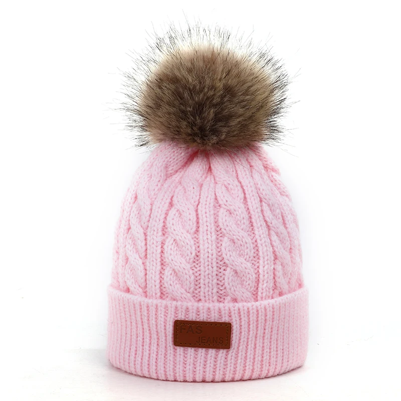 Light Pink-2 Детская шапка, вязаная Милая шапка для девочек, BoysBig Pom pom Beanie, детские шапки для девочек и мальчиков, теплая вязаная зимняя детская шапка из натурального енота F - Цвет: Light Pink-2