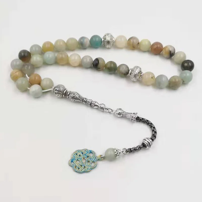 Tasbih Природный Амазонит камень синий металл кисточка 33 66 99 молитвенные бусы исламский мода камень мусульманские четки