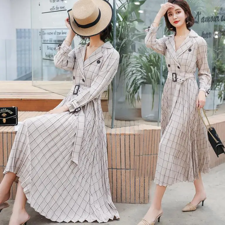

Dress Women's Mid-length Korean-style 2019 New Style Spring And Autumn Suit Collar Fashion Casual Big Hemline-Shaped Pleated Ski