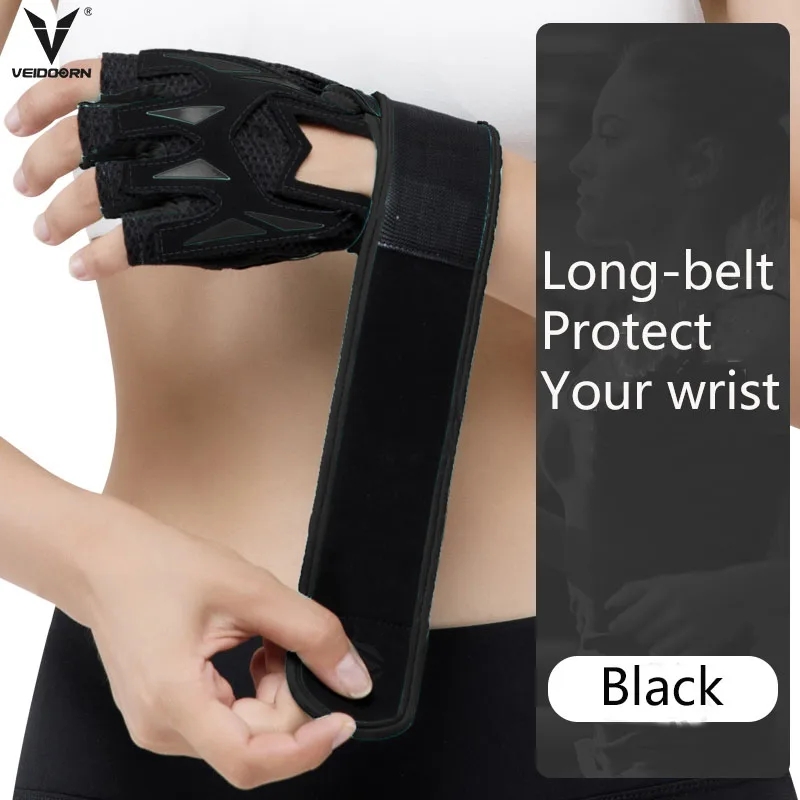 Veidoorn профессиональные нескользящие перчатки для спортзала с длинным поясом, защищающие запястья, дышащие спортивные фитнес тяжелая атлетика, 1 пара - Цвет: V5510 NEW BLACK