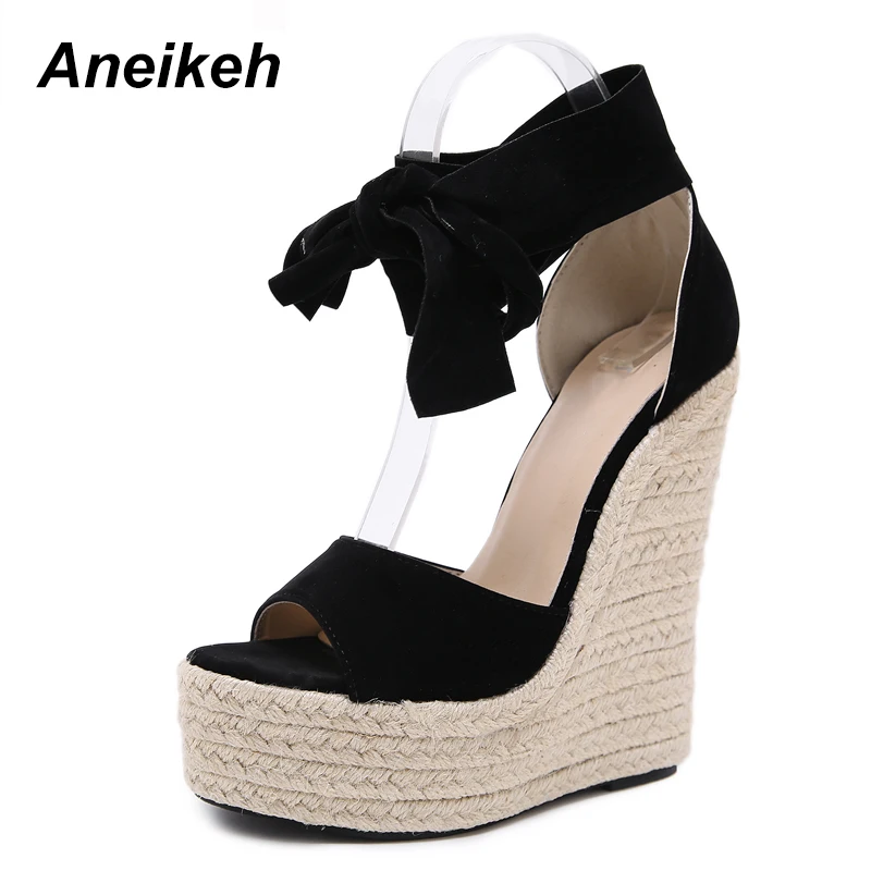 Aneikeh, стиль, мягкое покрытие флок, Для женщин женские туфли-лодочки с поперечными ремешками, со шнуровкой и ремешком на щиколотке; туфли на танкетке/высоком каблуке черные вечерние повседневные лодочки, сандалии, обувь Размер 35–40 - Цвет: Black