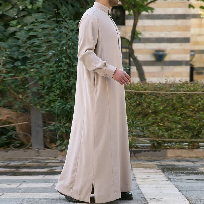 Мусульманская одежда для мужчин jubba ТОБ абайя Дубай сплошной длинный рукав тонкие длинные халаты Мужская Арабская одежда кафтан платье - Цвет: Beige