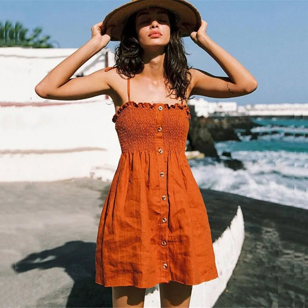 

Solid Bandage Sling A-line Dress with Sexy Suspenders Straps Ruffles Wrapped Buttons Dresses Women Summer Elastic Bust Dress