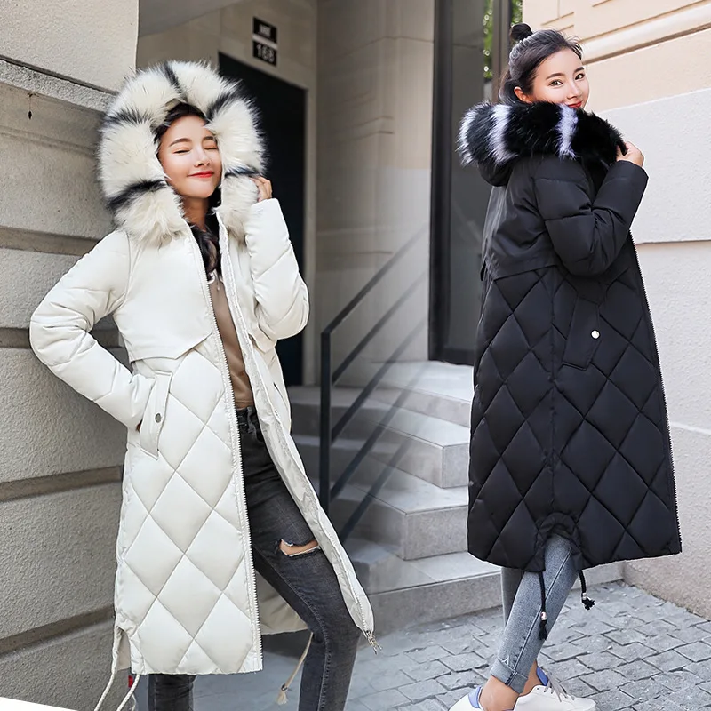 

Cotton-padded Clothes Women's Mid-length 2018 Winter New Style Contrast Color Fur Collar Korean-style Loose And Plus-sized over-