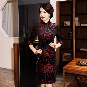 

Half Sleeve Flower Sexy Lady Cheongsam 2020 Spring New Vlevet Chinese Mini Classic Dress Oversized 3XL-5XL Retro Qipao Vestidos