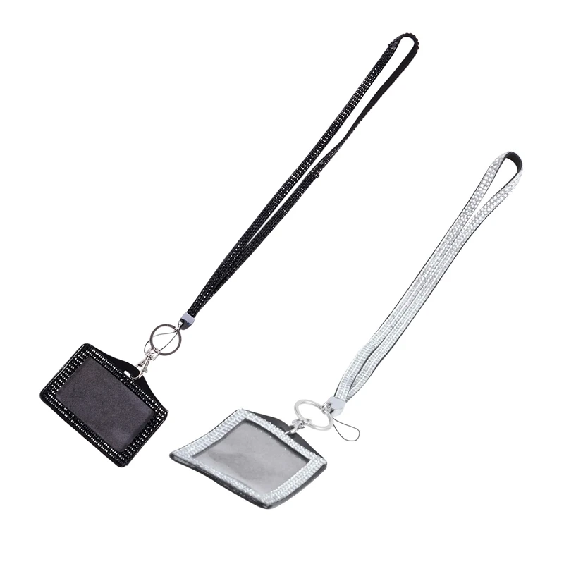 

2 Pcs Rhinestone Bling Crystal Custom Lanyard Vertical ID Badge Holder, Silver & Black