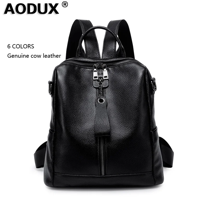 AODUX Classic 100% Genuine Cow Leather Black Hardware Women's Backpacks Lady Girl First Layer Cowhide Female School Book Bags | Багаж и