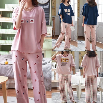 

Fashion 2 Pieces Sets Cute Pajamas Women Pijamas Short Sleeved Round Neck Sleepwear Top Elastic Trousers Homewear Clothes
