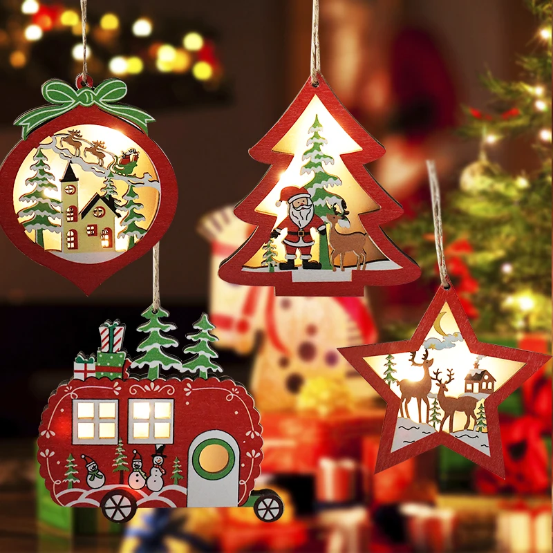 

Glow Christmas Trees Pendant Glowing Wood House Star Tree Moon Hanging LED Light Drop Ornaments Xmas Navidad New Year Decoration