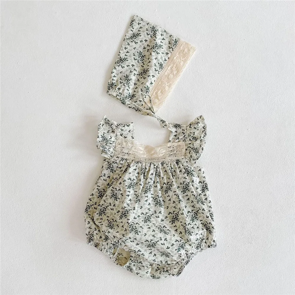 Cute Infant Baby Girls Romper Summer Newborn Baby Girl Clothes Sets Ruffle Floral Baby Tops + Headband 2Pcs Infant Girls Outfits Vintage Lace Baby Rompers Baby Bodysuits for girl 