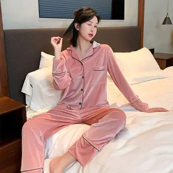 

New Winter Long Sleeves Pants Pajamas Set Women Solid color Sleepwear Warm Flannel Pajamas Pink Casual Homewear Thick Home Suit