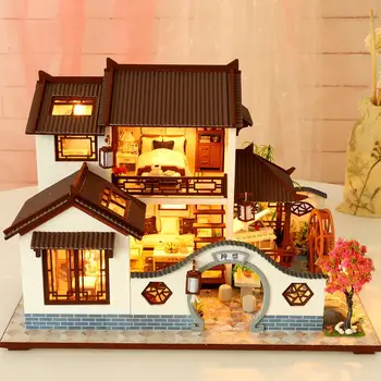 

Cute Room 3d Wooden Diy Puzzle Dollhouse Miniature Kit Model Villa House Furniture Led House Puzzle Decorate Creative Kids Gifts