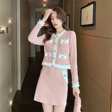 

Autumn Winter Women Set Fashion Patchwork Multi-pockets Knitting Cardigans+Cotton Solid skirt female set 2020 HOT