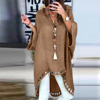 

2019 Autumn Shirts Women Fashion Ladies Casual Style Blouses V- Neck Linen Soild Loose Tops in High Quality chemise femme