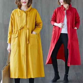 

Spring Autumn Windbreaker Women Fashion Elegant Solid Drawstring Outerwear Tops Female Plus size Long Sleeve Hood Trench Coat