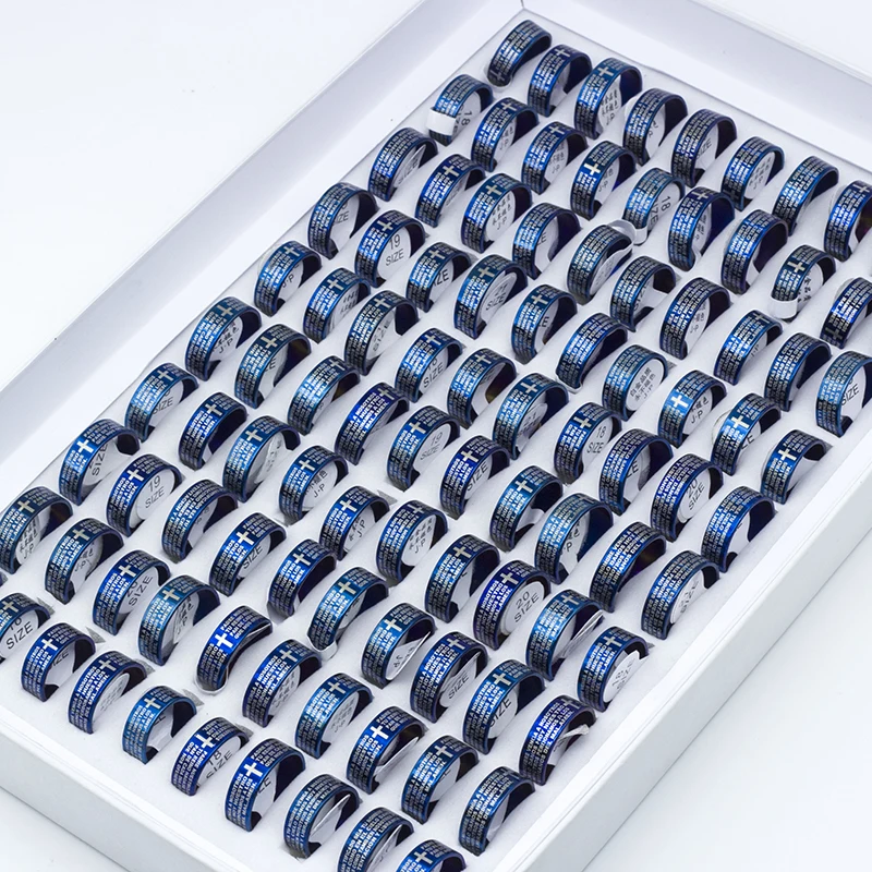 8MM Brand New 50PCS/Lot English Jeremiah Prayer Stainless Steel Etching Polished Band Cross Rings Wholesale Gifts