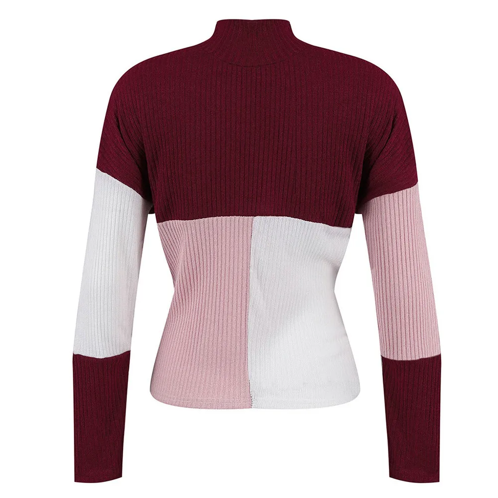 Jaycosin Women Colorblock Stand Long Sleeve Knitted Loose Sweater Tops Casual Quality Attractive Jumper Pullover Top Blouse
