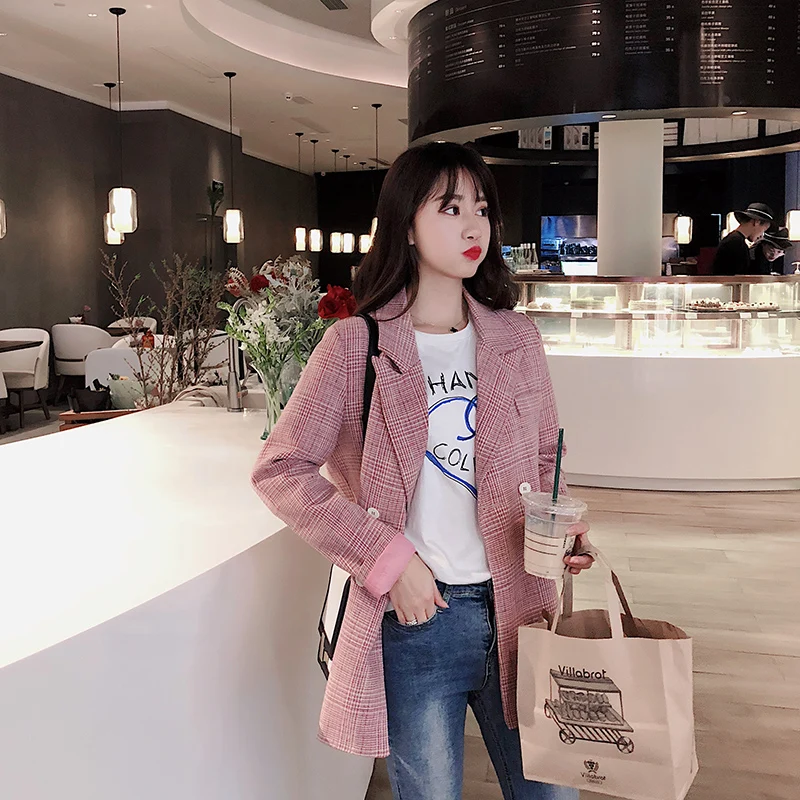 Plaid Korean Ladies Blazer Pink Stylish Loose Casual Suit Jacket Bleiser Mujer Vintage Spring Autumn Women Blazer New MM60NXZ