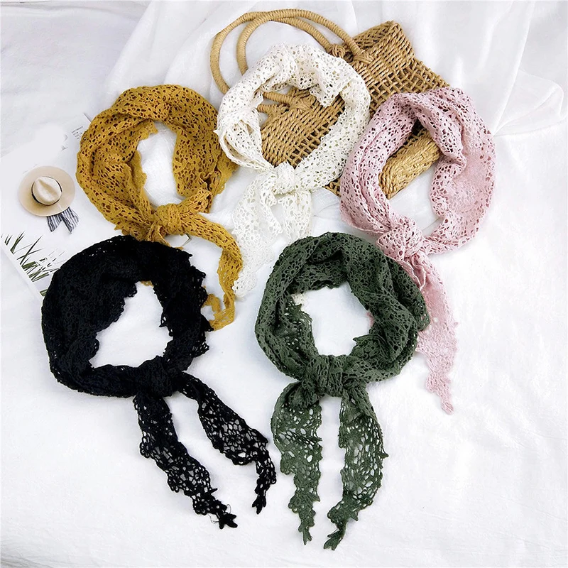 New 2020 Spring Summer Women's White Black Triangle Lace Scarf Handkerchief Bag with Flowers Woman Silk Hair Head Scarfs Bandana |