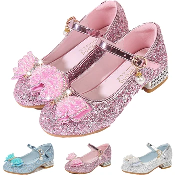 

Children Pearl Sandals Kids PU Leather Buckle Strap Princess Shoes Girls Party Glitter Sequin Bow High heel Sandals Rhinestone