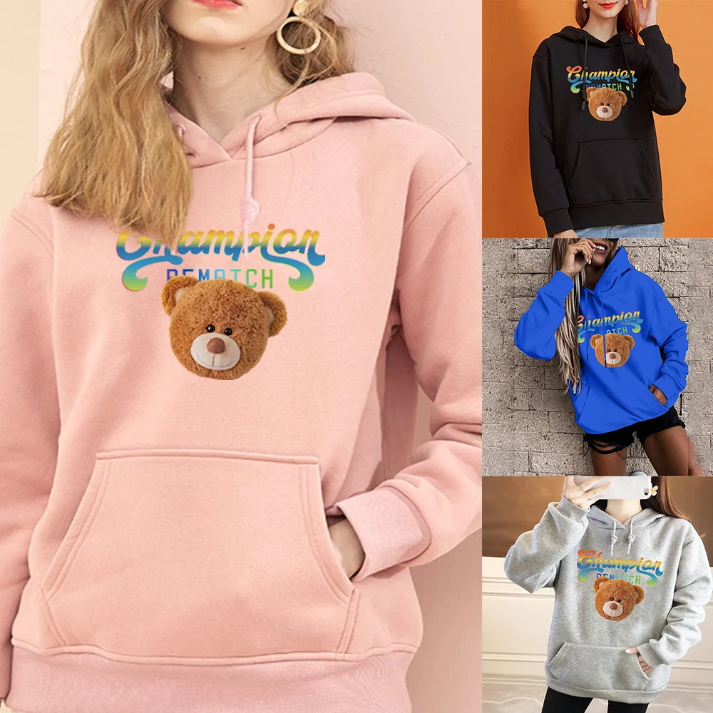 Sweater Women's Fashion Hoodie Harajuku Oversized Loose Pocket Pullover Casual Sweatshirt Top Bear Head Print Long Sleeve Hoodie