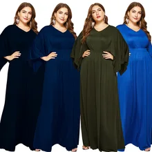 Новое Женское платье в европейском и американском стиле, рукав летучая мышь, большой размер, v-образный вырез, сплошной цвет, цельные длинные юбки, сексуальное вечернее платье